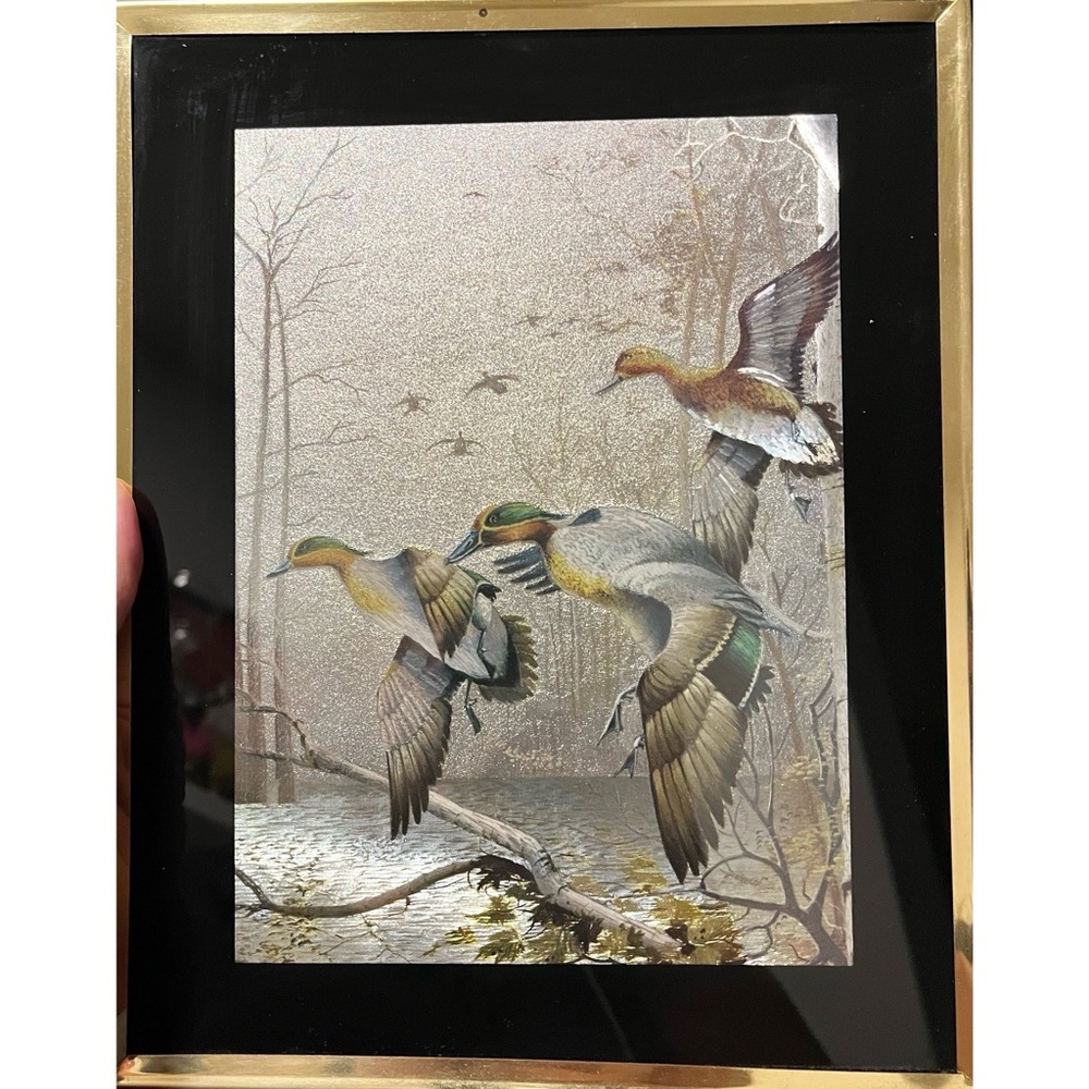 Vintage Laquered Foil Mallard Art Framed Wood Ducks & Birch Trees No. 4603 USA